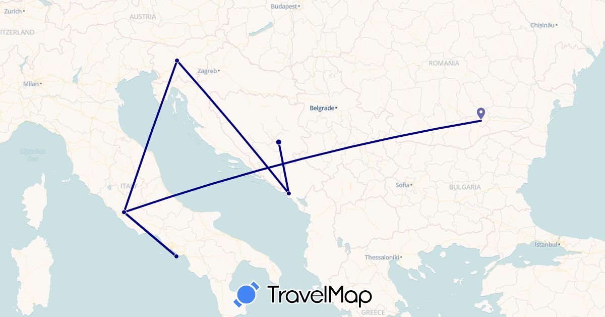 TravelMap itinerary: driving in Bosnia and Herzegovina, Italy, Montenegro, Romania, Slovenia (Europe)